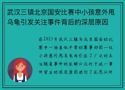 武汉三镇北京国安比赛中小孩意外甩乌龟引发关注事件背后的深层原因